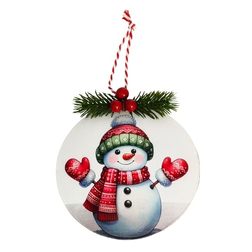 [600-49134] COLGANTE METAL ADORNO, BLANCO CON MUÑECO DE NIEVE Y RAMA DE ACEBO, 13X2.5X14.5CM