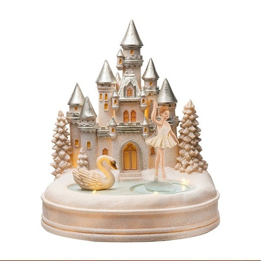 [600-48381] DE CUENTO CASTILLO CON BAILARINA Y CISNE, CON MÚSICA Y MOVIMIENTO, A PILAS, 20X18.5X22.5CM