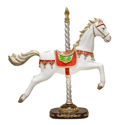 [600-49606] FANTÁSTICO CARRUSEL CABALLO, A TAMAÑO REAL, BLANCO CON ORNAMENTADO SILLA DE MONTAR, FIBRA DE VIDRIO, 150X32X160CM
