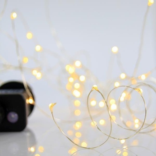 [601-11706] GUIRNALDA LINEAL, 100 MINI LED, ADAPTADOR, 8 M/H, HILO DE COBRE PLATEADO, LED BLANCO CÁLIDO CADA 10CM, CABLE DE ALIMENTACIÓN 5M, IP44