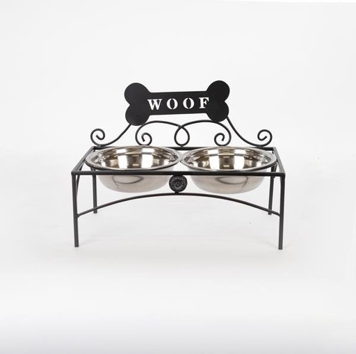 [752-28574] PERRO COMEDERO (CON 2 CUENCOS 18CM) METAL NEGRO - PLATEADO 35X18.5X43CM